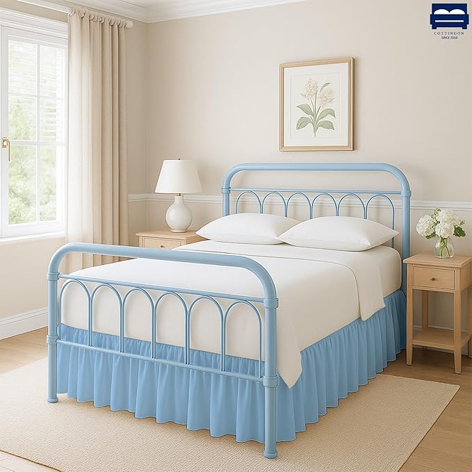 Cottingon Bed Skirt Queen 12" Drop with Split Corners, 100% Microfiber Soft and Stylish, Dust Ruffle with Platform, Light Blue