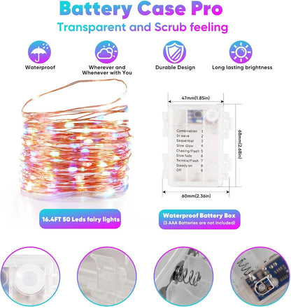 1 Pack 16.4 Ft. Battery Operated Outdoor String Lights with Remote & Timer, LED Multi Color Fairy Lights, Waterproof Twinkle Lights for Bedroom, Dorm, Mason Jar, Wedding, Party, Christmas