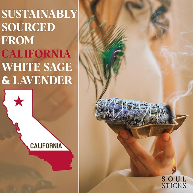 Soul Sticks 9 Inch 1 Pack Organic White Sage & Lavender Smudge Stick With Starter Guide, Bulk Quantities for Home Cleansing, Meditation, & Smudging Rituals, Sustainably Sourced California White Sage