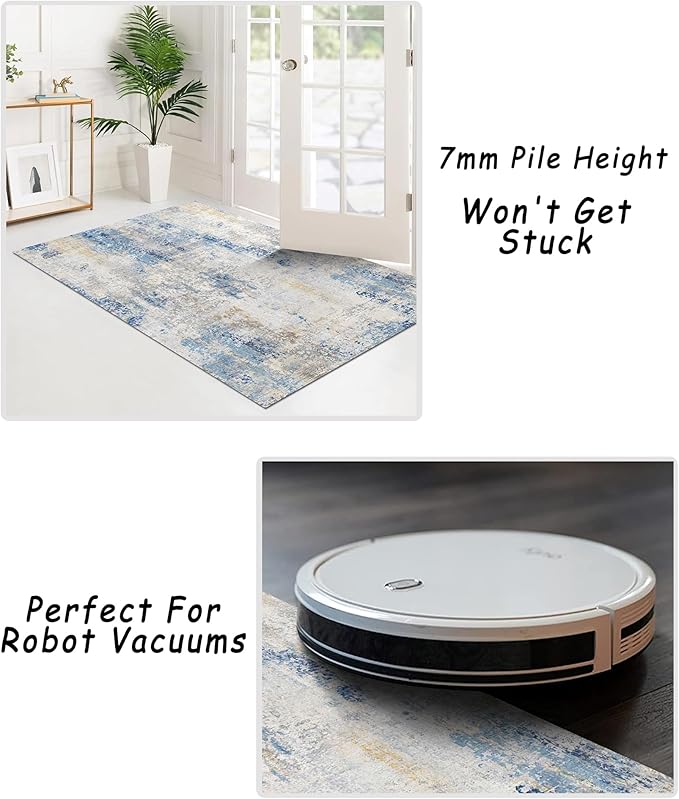 3x5 Rug, Small Area Rug for Living Room, Bedroom, Kitchen, Machine Washable Non-Slip Throw Rug, Modern Abstract Carpet for Entryway Nursery Coffee Table, Blue Ivory Yellow