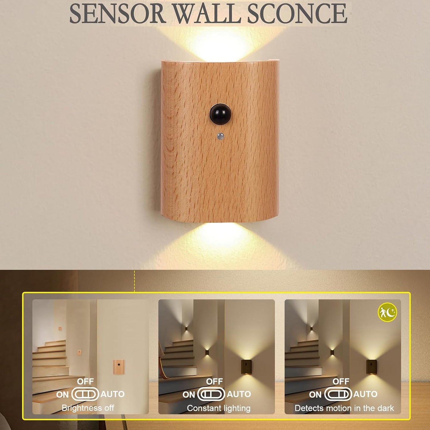 LANDGOO White Ash Wood Night Light Step Light - Smart Motion Sensor Stair Lighting, Rechargeable 2700K LED for Bedroom Hallway Safety, Easy Install (1 Pack)