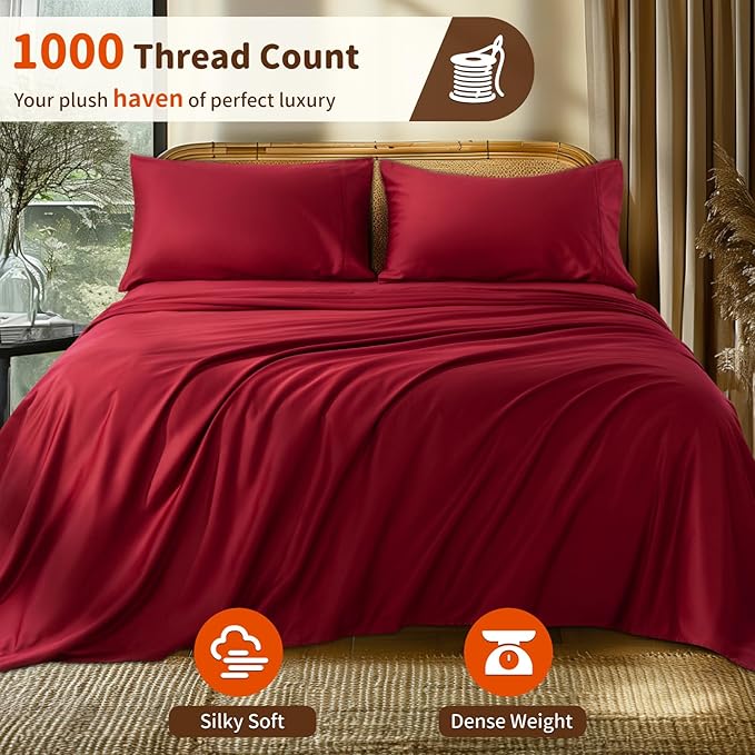 LBRO2M 1000 Thread Count 100% Egyptian Cotton Sheets Set Twin, 3 Piece Sets Bed Sheet Deep Pocket Sheet Set 16" Soft Comfortable All Season (Twin, Burgundy)