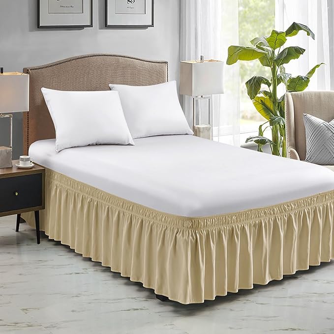 FreshCulture King Bed Skirt, Dust Ruffle for King Size Bed, Easy Fit with 15-Inch Tailored Drop, Elastic Wrap Around Bed Skirt King Size, Hotel Quality Bed Skirts for Adjustable Bed (Beige)