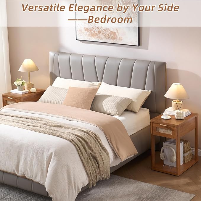 LEYAOYAO Narrow Side Table with Charging Station, 24x14''Rattan Night Stand with Drawer Storage, Brown Bedside End Table with Metel Handle for Small Spaces Wood Boho Nightstand for Living Room Bedroom