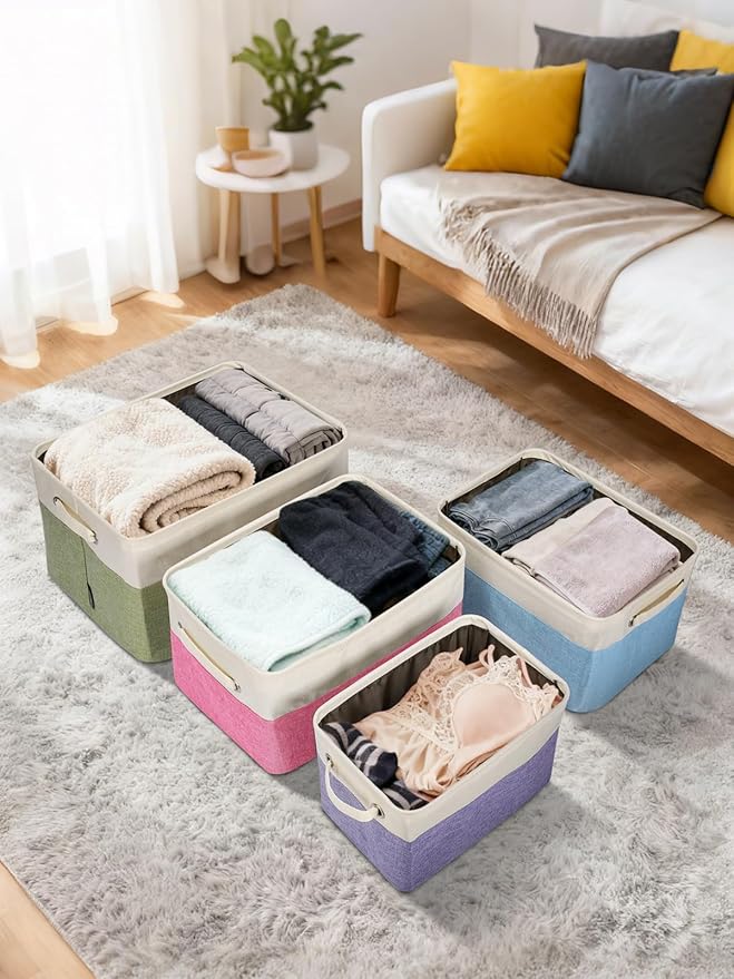 BALEINE 3 Pack Fabric Storage Bins for Shelves, Linen Storage Baskets for Organizing, Decorative Closet Bins for Clothes, Home (Green, 15''x11''x9.5'')