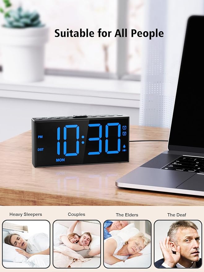 PPLEE Loud Alarm Clock with Bed Shaker,Vibrating Alarm Clock for Heavy Sleepers Hearing-impaired Deaf,2 Alarms 3-level Vibration for Weekday/Everyday Mode,5 Dimmer,5 Volume,Big Number,Power-off Memory