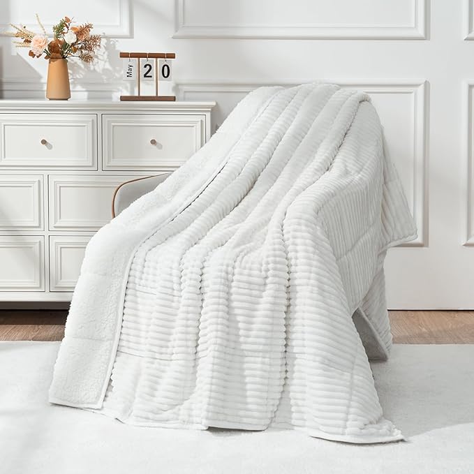 Uttermara Weighted Blanket for Adults Queen Size 20lbs, Striped Ribbed Fuzzy Heavy Blanket, Dual-Sided Ultra Cozy Sherpa & Super Soft Flannel for Sleep, 60x80 Inches, White