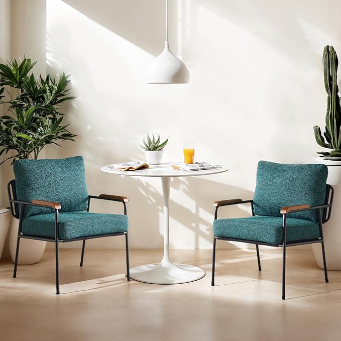 VINGLI Mid-Century Modern Accent Armchiars Set of 2 for Small Space, Small Comfy Upholstered Leisure Reading Chairs with Wood Armrests for Bedroom, Living Room, Waiting Room, Linen Dark Green