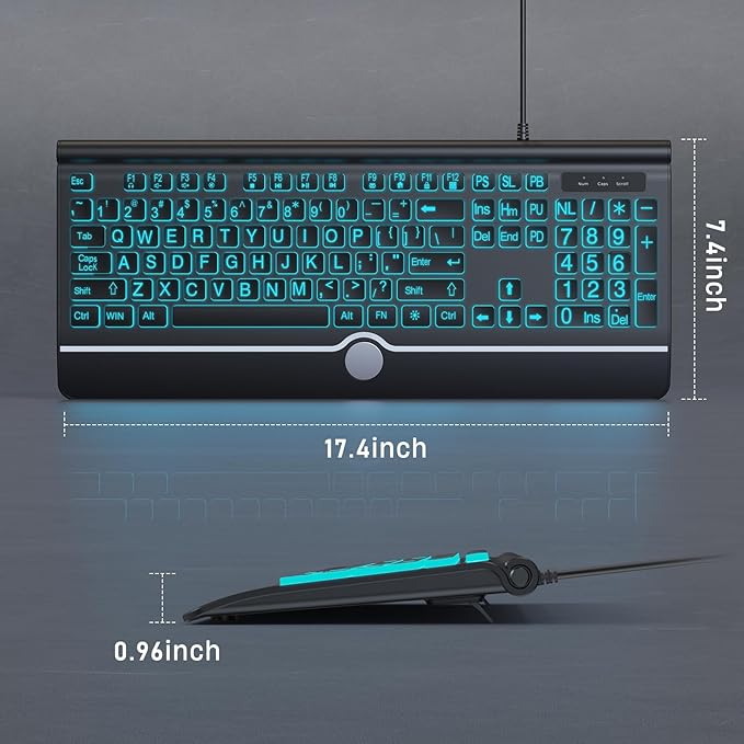 Large Print Backlit Computer Keyboard, USB Full Size Wired Keyboards with 7-Colors Backlight, Wrist Rest, Light Up Keyboard for Windows, PC, Laptop - Easy to See, Easy to Setup