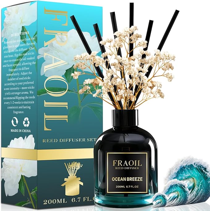 Ocean Breeze Reed Diffuser, Reed Diffuser Set 6.7 fl oz (200 ml) with 6 Reed Sticks, Home Fragrance Reed Diffuser for Bathroom Shelf House Bedroom Office Decor