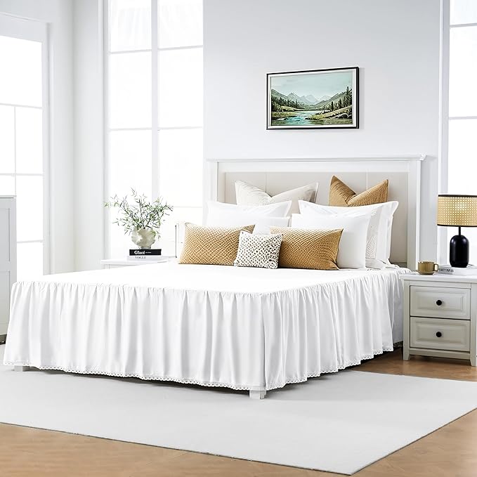 Twin Size 14" Drop - White Lightweight Cotton Bed Skirt with Crochet Edge - Dust Ruffle with Split Corner - Soft, Elegant, Breathable Bedding Accessory