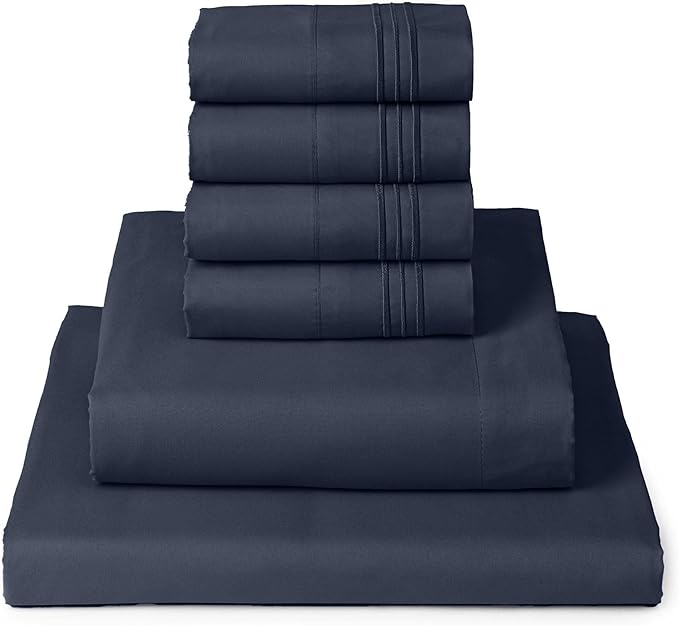 Mellanni Queen Sheet Set - 6-Piece Iconic Collection Bedding, (Including 4 Pillowcases), 16-Inch Deep Pocket, Easy Care, Extra Soft, Cooling Sheets, Brushed Microfiber - Navy Blue