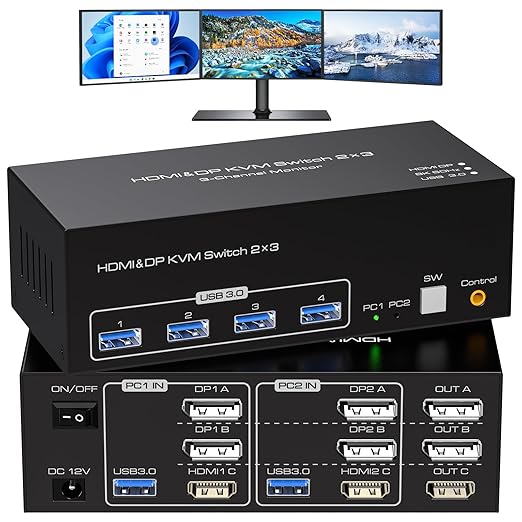 8K HDMI 2 Displayport KVM Switch 3 Monitors 2 Computers DP 1.4 8K 60Hz 4K 120Hz Display Port for Two PC Share Triple Monitor and 4 USB 3.0 Peripherals Support Extended and Duplicate Mode