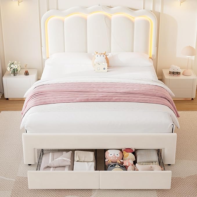 Velvet Upholstered Queen LED Bed Frame with 2 Storage Drawers and Adjustable Chic Double Wavy Headboard, Princess Platform Bed with Charing Station, Solid Wood Slats Support,No Box Spring Needed,Beige