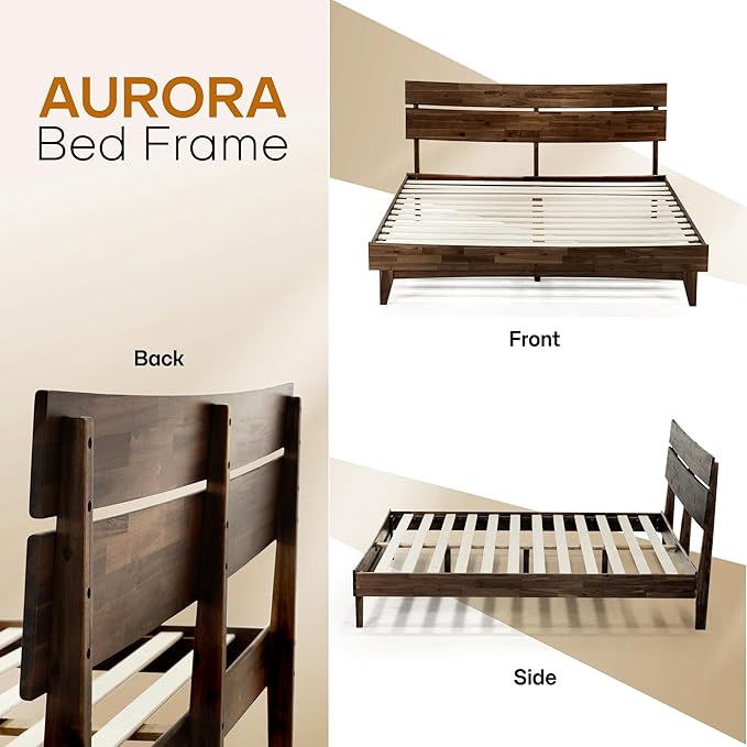Acacia Aurora Bed Frame with Headboard Solid Wood Foundation, Queen Bed Frame, Contemporary Signature Solid Wood Foundation Compatible with All Mattress Types, Non-Slip and Noise-Free, Chocolate