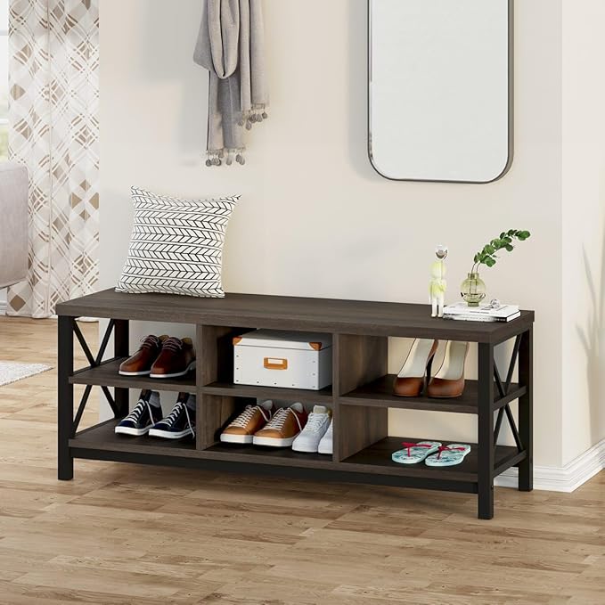 FATORRI Shoe Bench Entryway with Storage, Industrial Wood and Metal Hallway Benches with Adjustable Shelves, Rustic Entry Way Bench for Living Room (47.24 Inch Long, Walnut Brown)