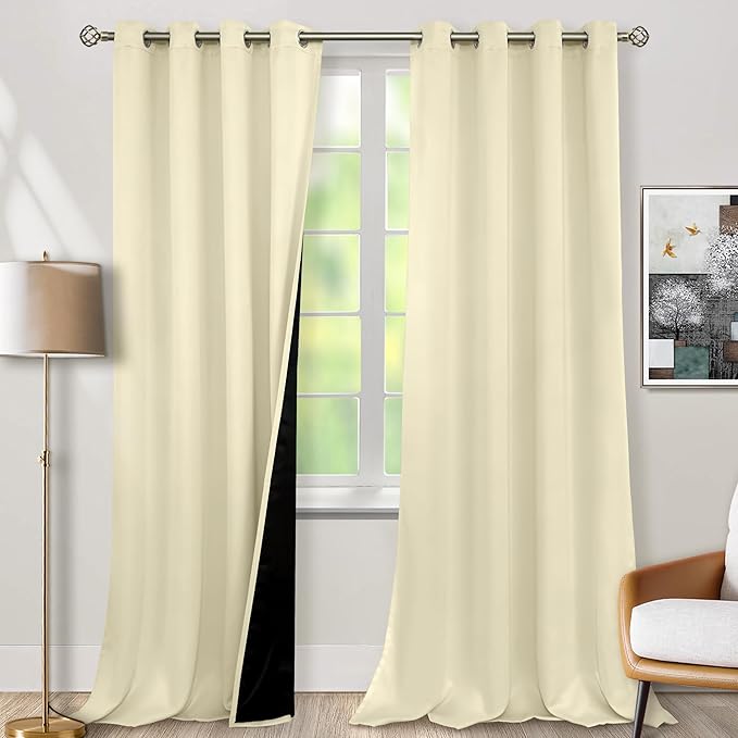 BGment Cream 100% Blackout Curtains for Living Room 95 Inch Length 2 Panels, Thermal Insulated Full Light Blocking Grommet Soundproof Window Drapes for Bedroom with Black Liner, 52 Inch Wide Each