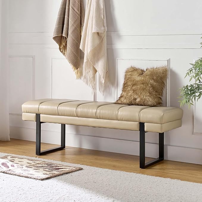 HULALA HOME 53" Faux Leather Entryway Bench, Button Tufted End of Bed Bench Ottoman for Bedroom, Living Room with Metal Base,Beige