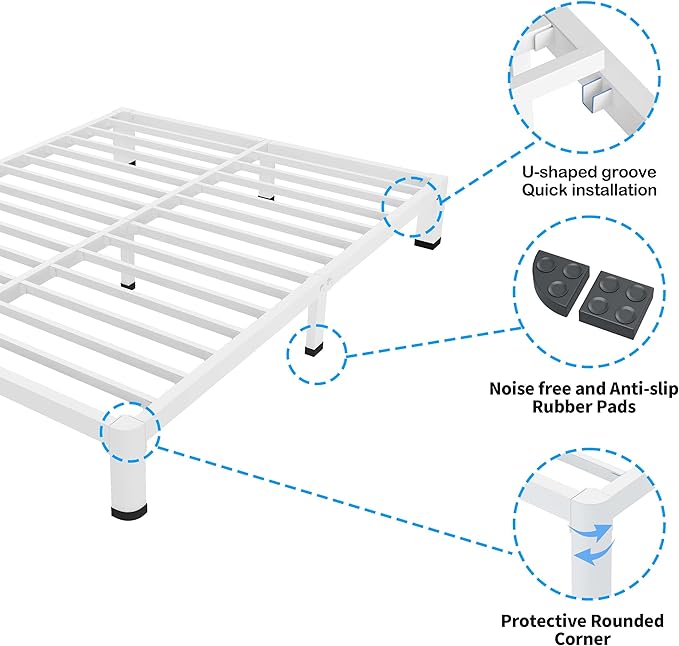 ROIL 10 Inch White Twin Bed Frame with Rounded Corner and Mattress Retainers, 3500LBS Heavy Duty Steel Slats No Box Spring Needed Platform Noise-Free Easy Assembly
