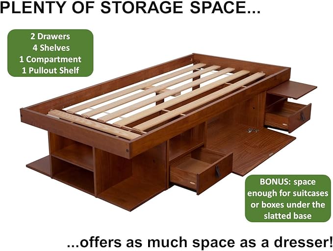 memomad Bali Storage Platform Bed with Drawers (Twin Size, Caramel Brown Wood)