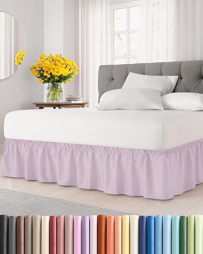 Wrap Around Dust Ruffle Bed Skirt - Light Lavender - for King Size Beds w/ 12 Inch Drop - Easy Fit Elastic Strap - Adjustable Pleated Bedskirt w/Brushed Fabric Wrinkle Free, Women, Men, Kids & Teens