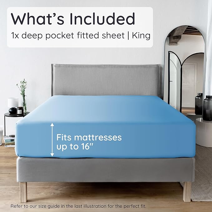 Bambaw 100% Viscose Derived from Bamboo Fitted Sheet, 16’’ Pocket King Bed Fitted Sheet Only, Cooling Fitted Sheets King Size, Breathable & Soft King Size Fitted Sheet with Corner Straps (Dream Blue)