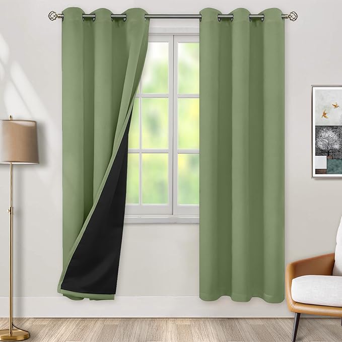 BGment Thermal Insulated 100% Blackout Curtains for Bedroom with Black Liner, Double Layer Full Room Darkening Noise Reducing Grommet Curtain (42 x 84 Inch, Grass Green, 2 Panels)