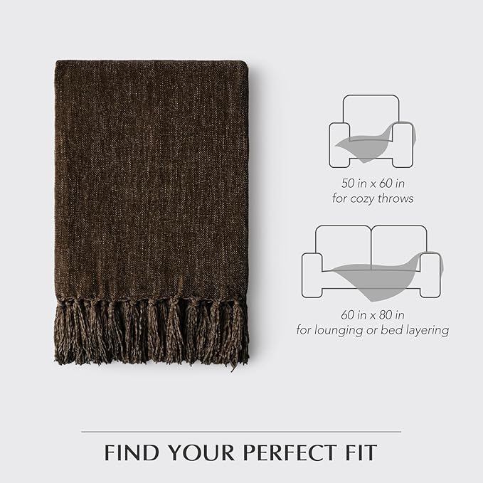 EVERGRACE Soft Chenille Throw Blanket for Couch, Cozy Plush Fuzzy Decorative Chenille Knit Throw Blanket with Tassels, Lightweight Blanket and Throws for Bed Sofa Gift Home Decor, Dark Brown 50"x60"
