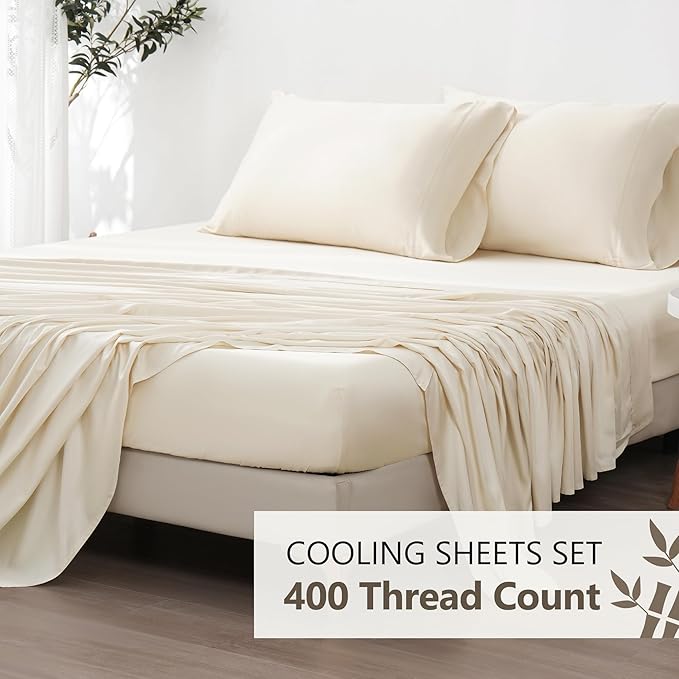 Linen World King Size 400TC Cooling Bed Sheet Set - 100% Organically Grown Viscose Sheets, Silky Soft & Breathable, Deep Pocket Fits Up to 16", 4-Piece Sheets with Pillowcases,Creamy