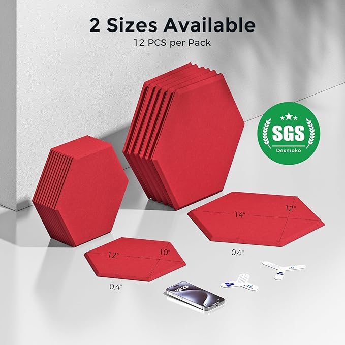 Self-Adhesive Acoustic Panels [390 lbs/yd³ Ultra-High Density], 2nd Generation Sound Absorbing Panel, Professional Level Sound Panel, Polyester Soundproof Foam [Size L, Red]