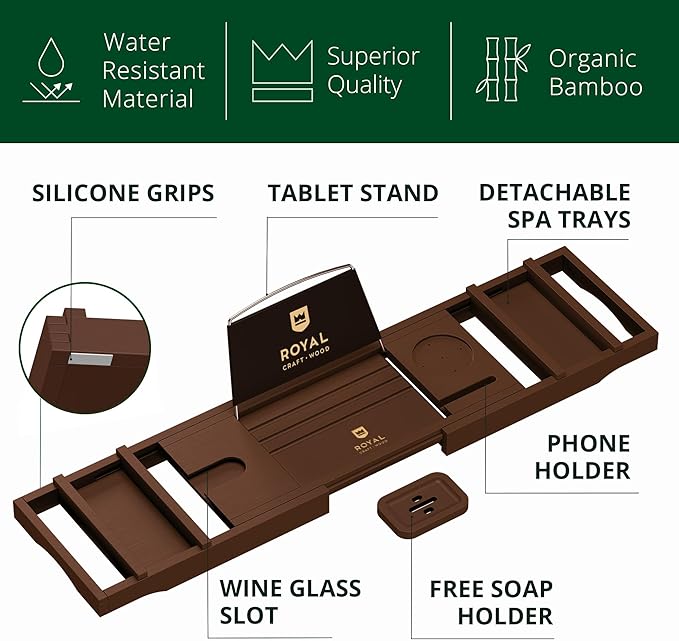 ROYAL CRAFT WOOD Non-Foldable Bathtub Tray - Wood Bath Tray for Tub, Bamboo Bathtub Shelf, Expandable Bath Table Trays, Luxury Bathroom Accessories for New Home & Unique Gift for Women