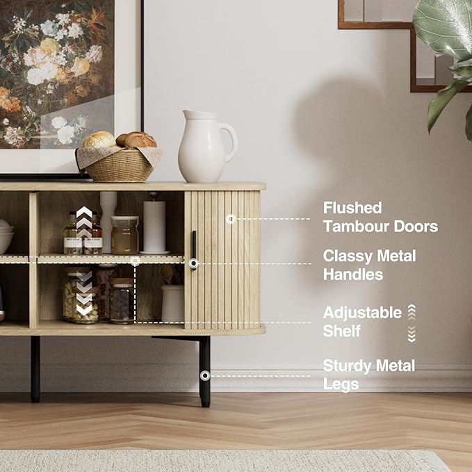 55''W Natural Storage Cabinet, Media Console, Tambour TV Stand, Television Stands with Curvy Edge; Sliding Door, Fluted Cabinet, Buffet Sideboard, Credenza, Table Stand for Living Room, Kitchen