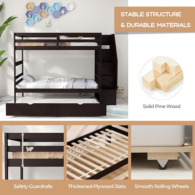 KOTEK Twin Over Twin Bunk Bed with Trundle and Stairs, Solid Wood Bunk Bed Frame with Storage Shelf, Bunk Beds Detachable into 2 Platform Beds for Kids Teens Adults (Espresso)