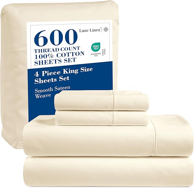 LANE LINEN King Size Bed Sheet Set – 600 Thread Count Long-Staple 100% Cotton Sheet Set King Size, Hotel Premium Soft Silky Sateen Finish, Durable Bedding Set, Elasticised 15" Deep Pocket – Linen