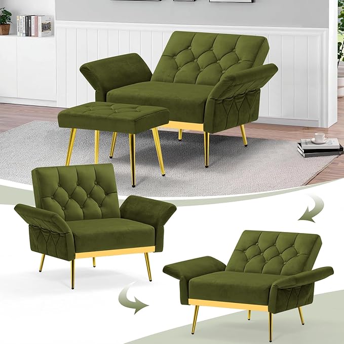 Velvet Accent Chair w/Adjustable Armrests and Backrests, Tufted Single Sofa with Ottoman, Upholstered Reading Chiar for Living Room, Apartment, Bedroom, Olive Green