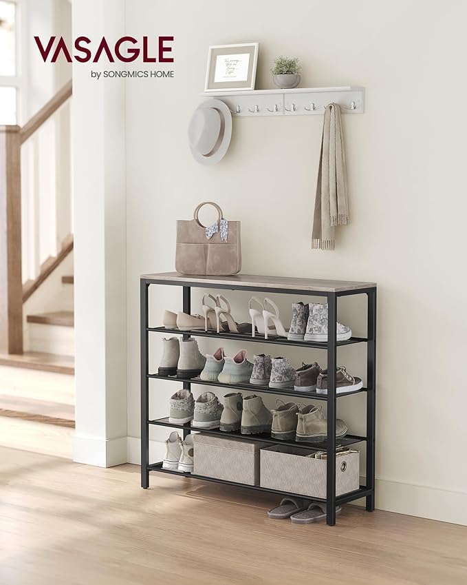 VASAGLE INDESTIC Shoe Rack, Organizer for Closet with 4 Mesh Shelves and Large Top for Bags, Entryway Hallway Shelf, Steel Frame, Industrial, Greige and Black ULBS015B02, 11.8 x 39.4 x 36.4 Inches