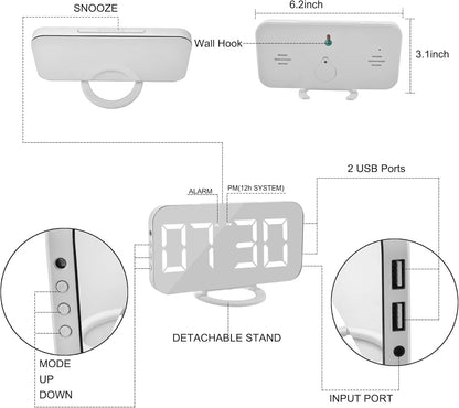 SZELAM Digital Clock Large Display, LED Electric Alarm Clocks Mirror Surface for Makeup with Diming Mode, 3 Levels Brightness, Dual USB Ports Modern Decoration for Home Bedroom Decor-White (001)