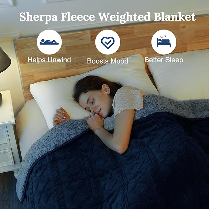 Sherpa Fleece Adult Weighted Blanket Great for Sleep, 15 lbs Dual Sided Soft Fuzzy Heavy Blankets for Couch Bed Sofa, Cozy Warm Fluffy Jacquard Throw for Winter (Navy Blue, 60" x 80", 15 Pounds)