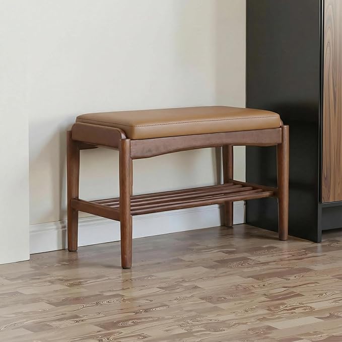 Black Walnut Shoe Bench Assembled, Solid Wood Shoe Rack Bench with Silicone Leather Cushion for Entryway, Living Room, Bedroom, Hallway