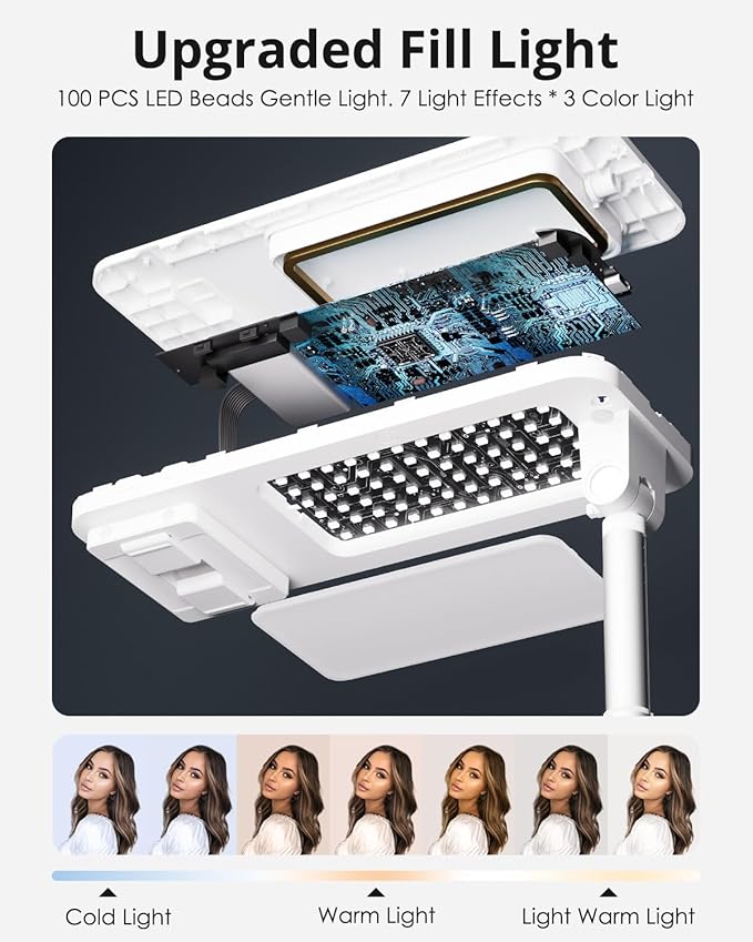 Phone Stand for Recording, Overhead Phone Mount with Light, Selfie Stand,Portable,Extendable,360° Rotate,Adjustable,Wireless Remote,Rechargeable, for 3.5-6.9" Phones, Live Streaming, White