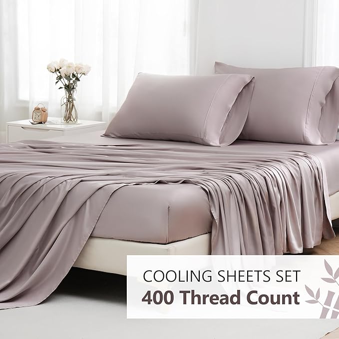 Linen World King Size 400TC Cooling Bed Sheet Set - 100% Organically Grown Viscose Sheets, Silky Soft & Breathable, Deep Pocket Fits Up to 16", 4-Piece Sheets with Pillowcases, Mauve