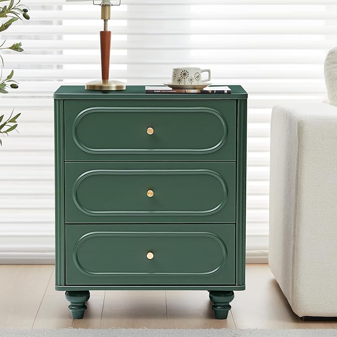 3 Drawer Fluted Dresser for Bedroom, Mid Century Modern Chest of Drawers, Wood Storage Small Dresser Organizer for Bedroom Living Room Hallway Closet, Green