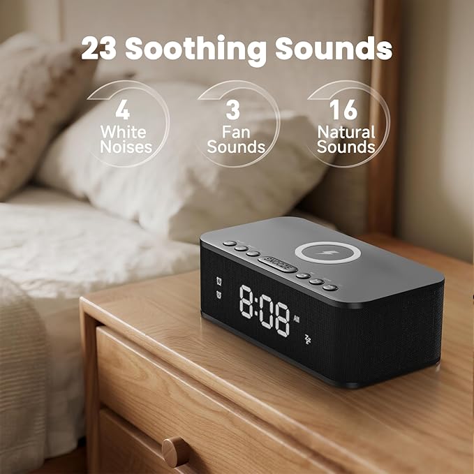 Digital Alarm Clock White Noise, Loud Digital Alarm Clocks Bedrooms, Alarm Clock Speaker Wireless Charger AUX USB Bluetooth Speaker 12/24H Dual Alarm Snooze Adjustable Brightness, Black