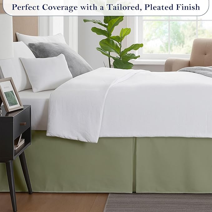 Queen Bed Skirt, Luxury 18 Inch Drop Sage Pleated Bed Skirt, Double Brushed Microfiber, Box Pleat Design, Wrinkle & Fade Resistant, Easy Fit Tailored Bedskirt for Queen Size Beds