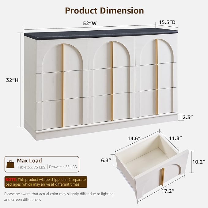 ACCOHOHO Arched Dresser for Bedroom with 9 Drawers, 52" Wide Modern Chest of Drawers with Rounded Edge & Metal Handles, Wood Storage Closet Dressers TV Stand for Living Room, Hallway, White