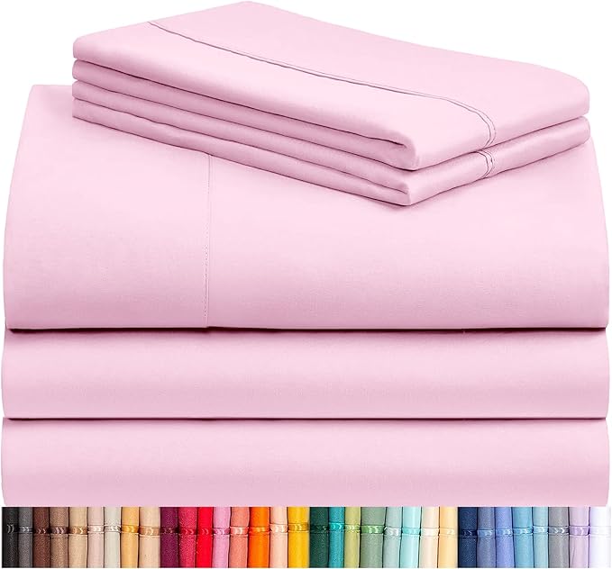 LuxClub 5 PC Sheet Set Bed Sheets Deep Pockets 16" Eco Friendly Wrinkle Free Cooling Machine Washable Hotel Bedding Silky Soft - Powder Pink Split King