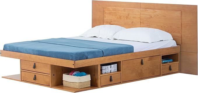 memomad Bali Slim Set: Storage Platform Bed with Drawers + Flat Panel Headboard (Full Size, Oak Brown Wood)