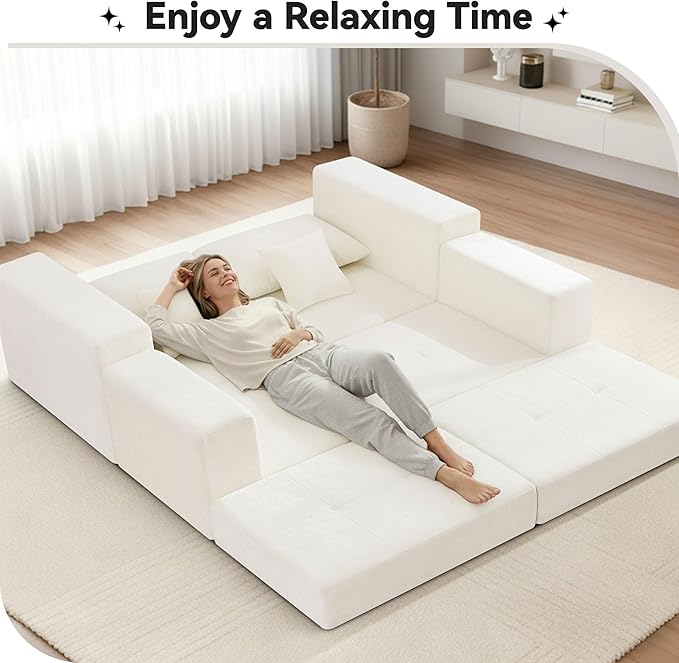 Boneless Sectional Loveseat Couch with Ottoman, Convertible Tufted Button Modular Floor Sleeper Sofa Bed, Comfy Foldable Compression Love Seat Sofa for Living Room, No Assembly, Beige