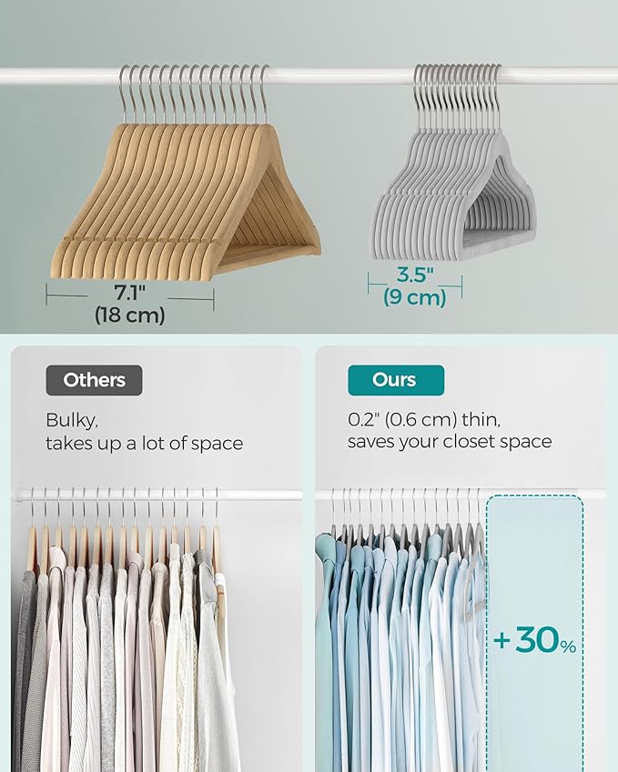 SONGMICS Velvet Hangers 100 Pack, Non-Slip Clothes Hangers with Silver-Colored Swivel Hooks, Slim Space-Saving for Closet, Heavy-Duty, Dove Gray UCRF026GD03S