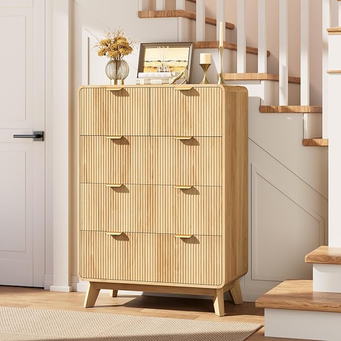 QUW Fluted Dresser for Bedroom with 5 Drawers, Modern 40.2" Tall Drawer Dressers with Metal Handle, Wooden Chest of Dresser for Living Room, Hallway, Natural Oak